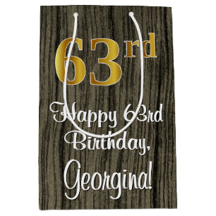 63rd Birthday: Elegant Faux Gold Look #, Faux Wood Medium Gift Bag