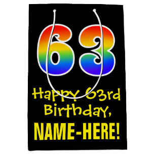 63rd Birthday: Fun, Bold, Colourful, Rainbow "63" Medium Gift Bag