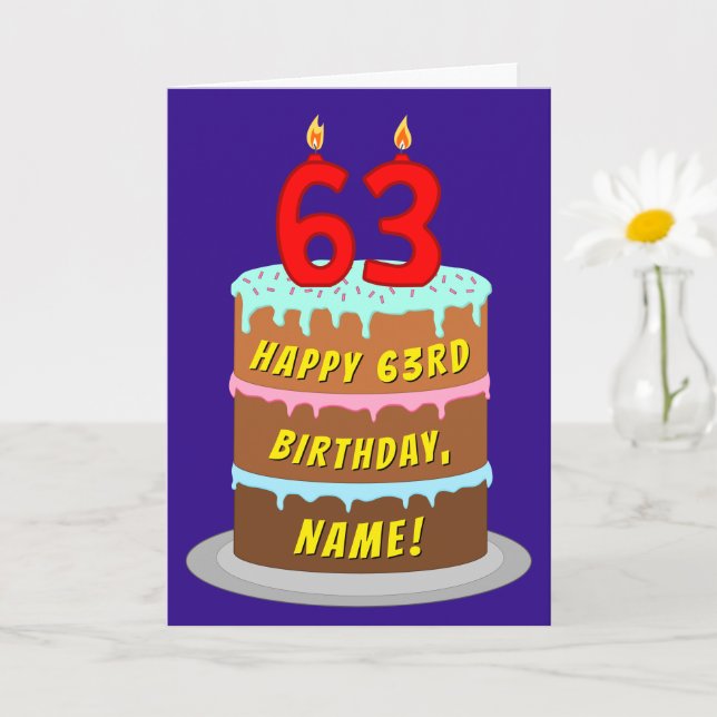63rd Birthday: Fun Cake and Candles + Custom Name Card (Small Plant)