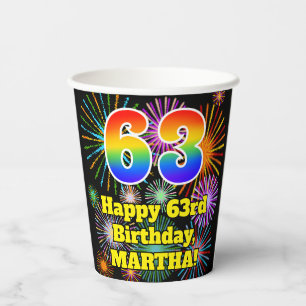 63rd Birthday: Fun Fireworks Pattern + Rainbow 63 Paper Cups