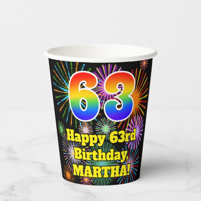 63rd Birthday: Fun Fireworks Pattern + Rainbow 63 Paper Cups (Back)