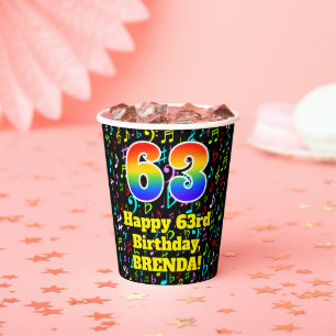 63rd Birthday: Fun Music Notes Pattern, Rainbow 63 Paper Cups