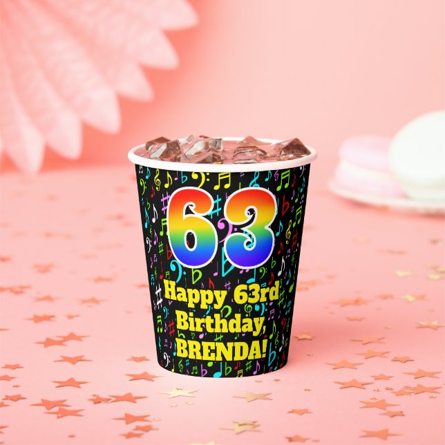 63rd Birthday: Fun Music Notes Pattern, Rainbow 63 Paper Cups (Insitu)