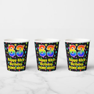 63rd Birthday: Fun Stars Pattern and Rainbow 63 Paper Cups