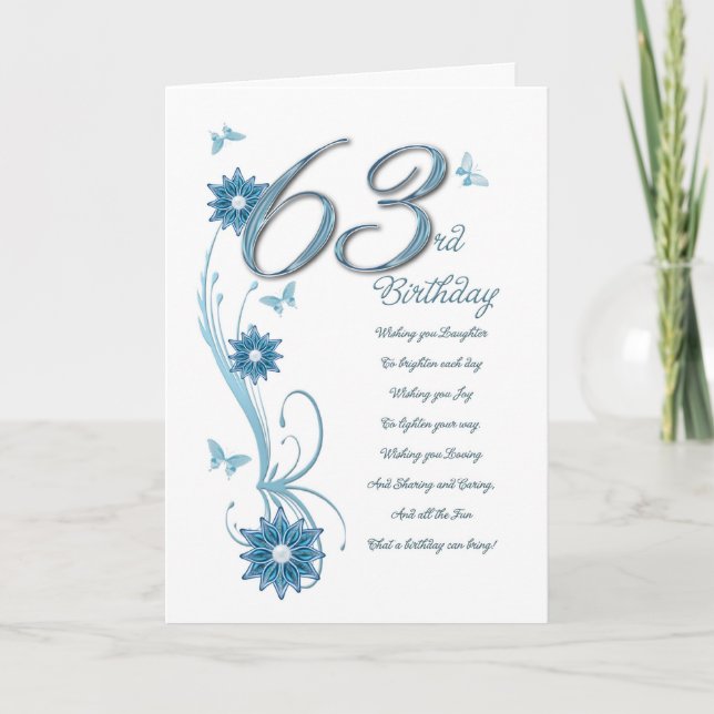 63rd birthday in teal with flowers and butterfly card (Front)