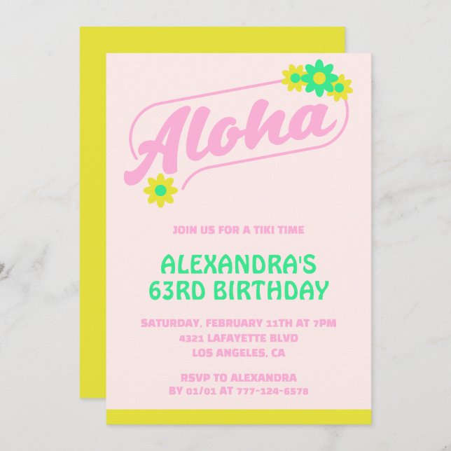 63rd birthday invitations Tropical Aloha Pink (Front/Back)