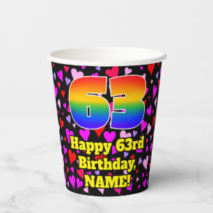 63rd Birthday: Loving Hearts Pattern, Rainbow 63 Paper Cups