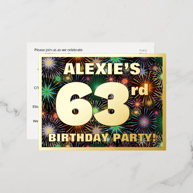 63rd Birthday Party: Bold, Colourful Fireworks Loo Foil Invitation Postcard (Front/Back)