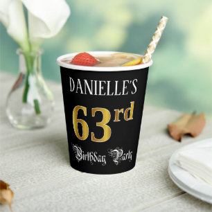 63rd Birthday Party — Fancy Script, Faux Gold Look Paper Cups