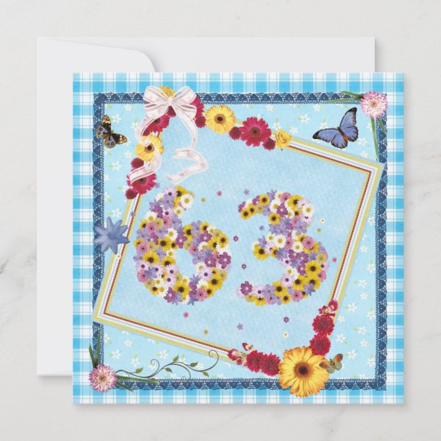 63rd Birthday party Invitation flowers,butterflies (Front)