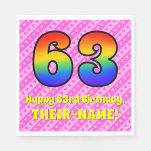 63rd Birthday: Pink Stripes & Hearts, Rainbow # 63 Napkin