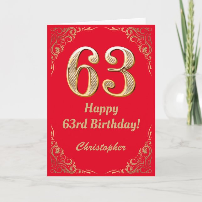 63rd Birthday Red and Gold Glitter Frame Card (Front)