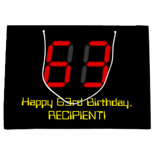 63rd Birthday: Red Digital Clock Style "63" + Name Large Gift Bag