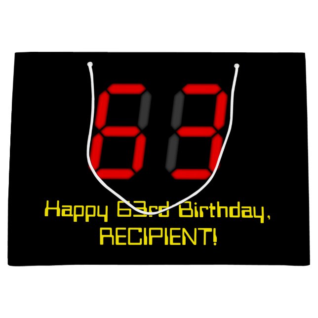 63rd Birthday: Red Digital Clock Style "63" + Name Large Gift Bag (Front)