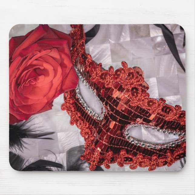6439-Red Rose with Red Masquerade Mask Mouse Pad (Front)
