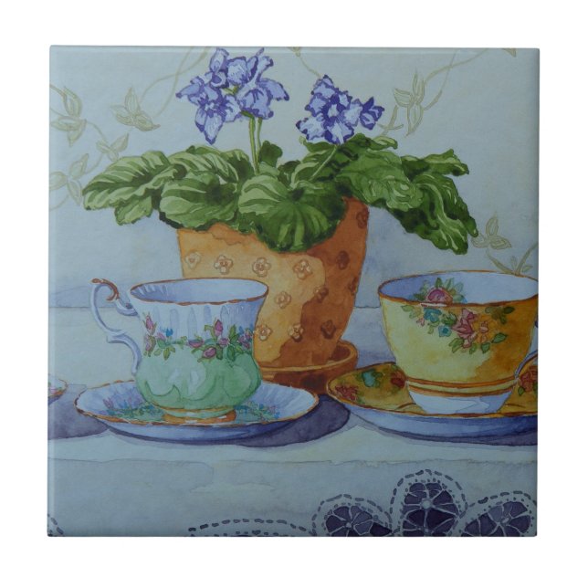 6470 African Violet and Teacups Tile (Front)