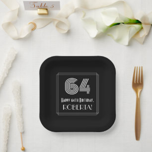 64th Birthday — Art Deco Inspired Look “64” + Name Paper Plate