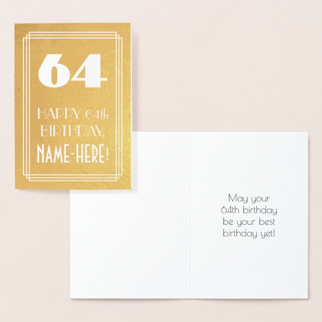 64th Birthday ~ Art Deco Style "64" & Custom Name Foil Card (Display)
