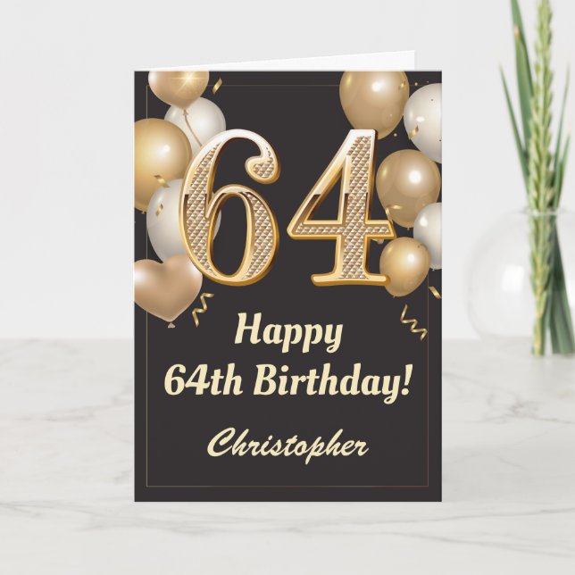 64th Birthday Black and Gold Balloons Confetti Card (Front)