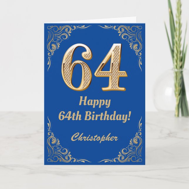 64th Birthday Blue and Gold Glitter Frame Card (Front)