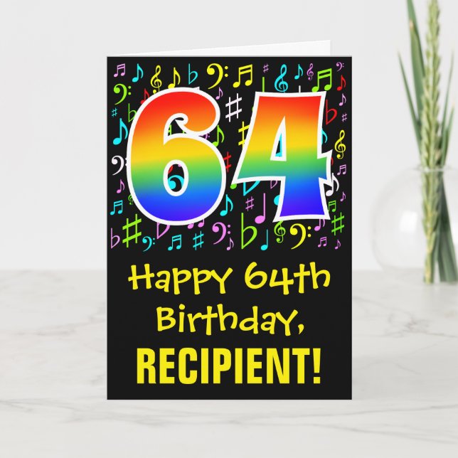 64th Birthday: Colorful Music Symbols + Rainbow 64 Card (Front)