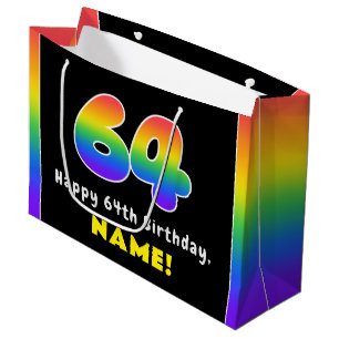 64th Birthday: Colourful Rainbow # 64, Custom Name Large Gift Bag