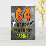64th Birthday: Eerie Halloween Theme   Custom Name Card<br><div class="desc">The front of this scary and spooky Halloween themed birthday greeting card design features a large number “64”. It also features the message “HAPPY BIRTHDAY, ”, and a customisable name. There are also depictions of a ghost and a bat on the front. The inside features an editable birthday greeting message,...</div>