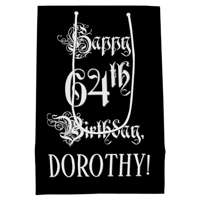 64th Birthday: Fancy, Elegant Script + Custom Name Medium Gift Bag (Back)