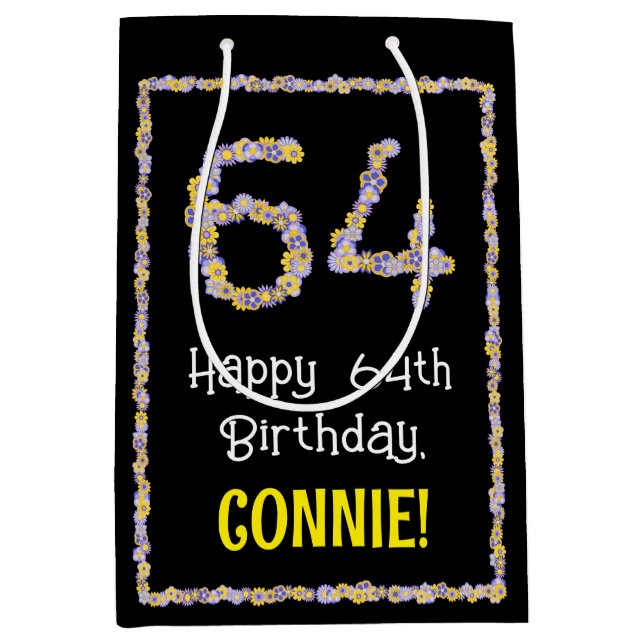 64th Birthday: Floral Flowers Number, Custom Name Medium Gift Bag (Front)