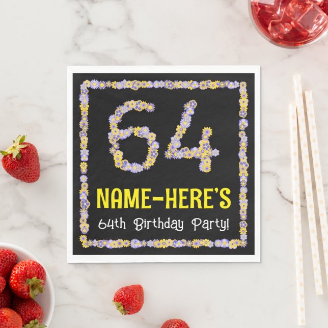 64th Birthday: Floral Flowers Number, Custom Name Napkin (Insitu)