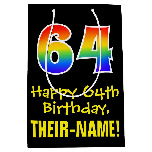64th Birthday: Fun, Bold, Colourful, Rainbow "64" Medium Gift Bag (Front)
