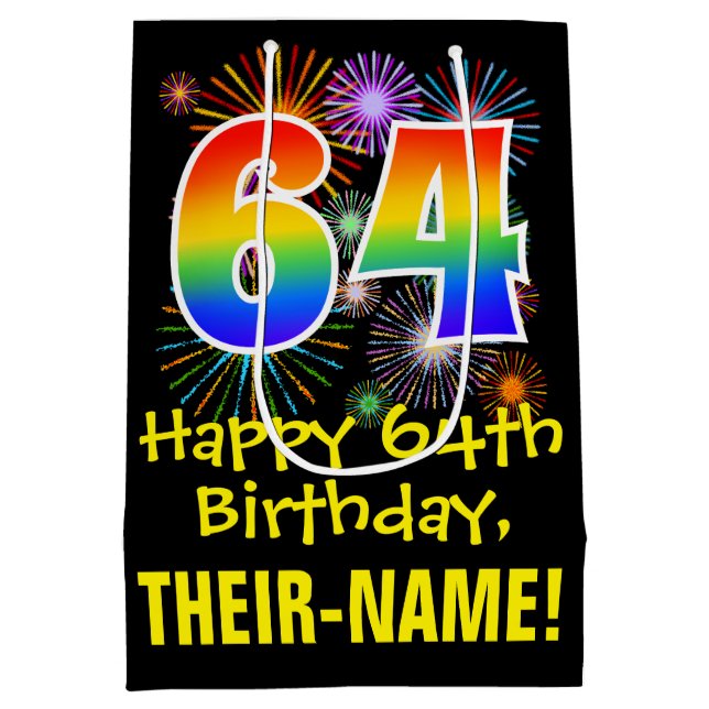 64th Birthday: Fun Fireworks Pattern + Rainbow 64 Medium Gift Bag (Back)
