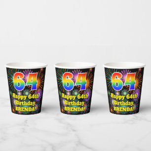 64th Birthday: Fun Fireworks Pattern + Rainbow 64 Paper Cups