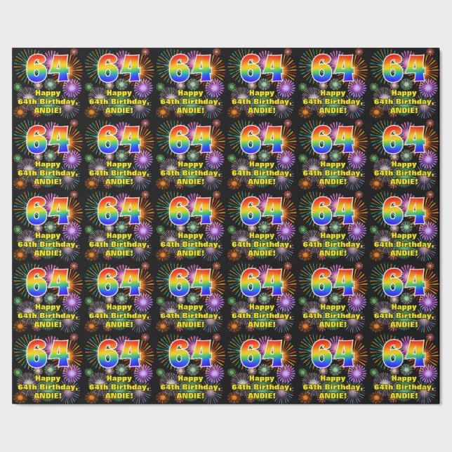 64th Birthday: Fun Fireworks, Rainbow Look # “64” Wrapping Paper (Seam)