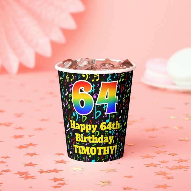 64th Birthday: Fun Music Notes Pattern, Rainbow 64 Paper Cups (Insitu)