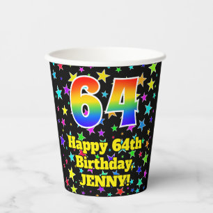 64th Birthday: Fun Stars Pattern and Rainbow 64 Paper Cups