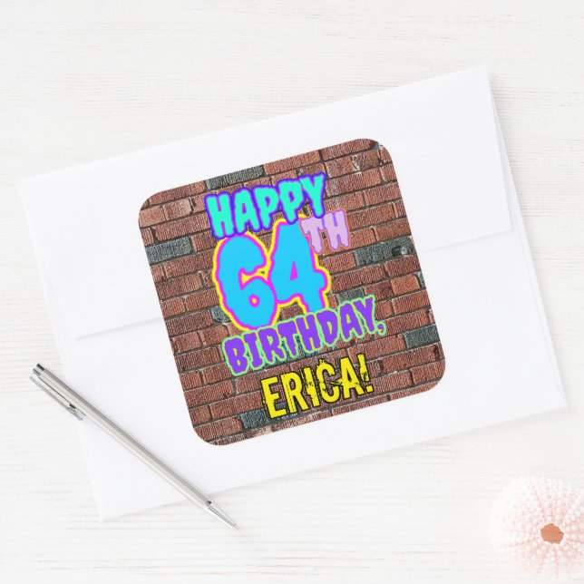 64th Birthday – Fun, Urban Graffiti Inspired Look Square Sticker (Envelope)