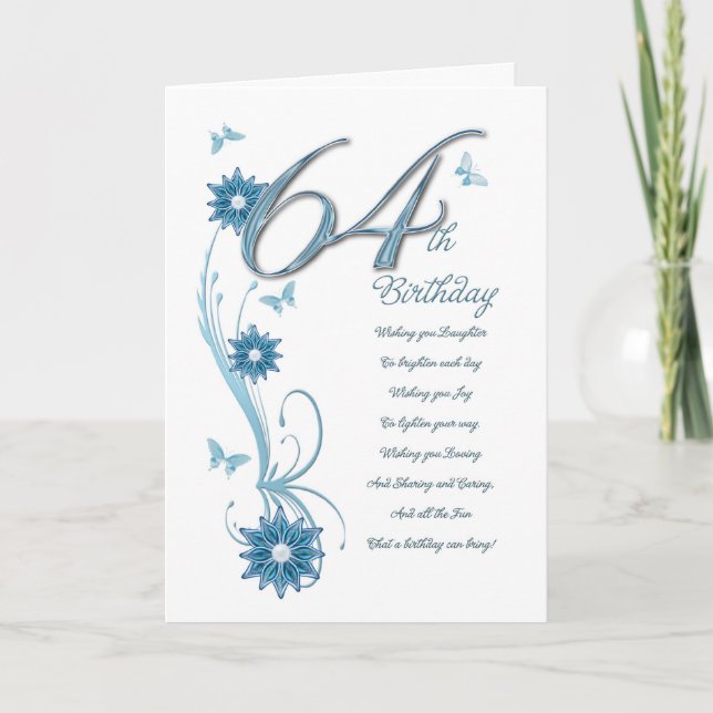 64th birthday in teal with flowers and butterfly card (Front)