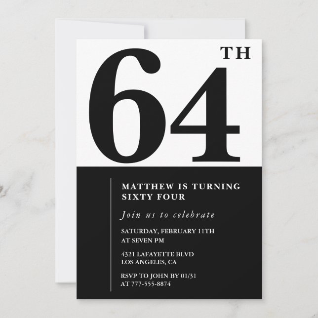 64th birthday invitations Black and White Elegant (Front)