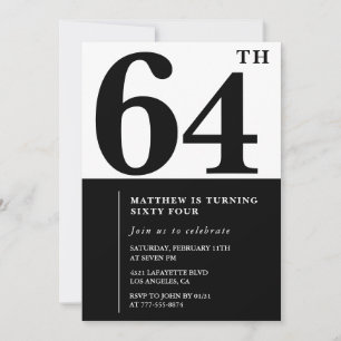 64th birthday invitations Black and White Elegant