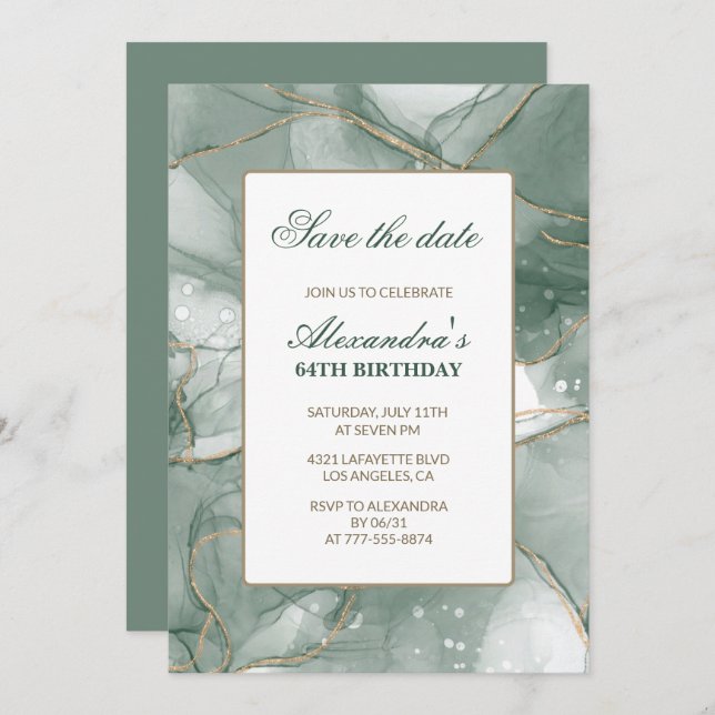 64th birthday invitations Save the date Green (Front/Back)