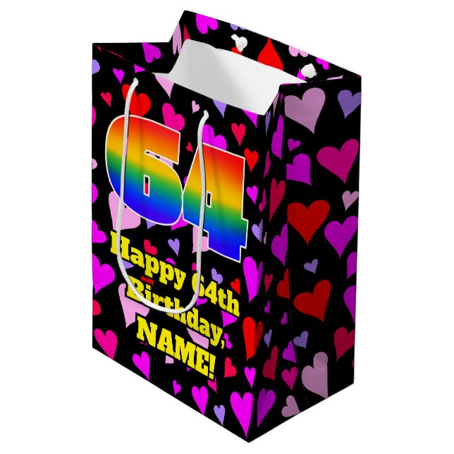 64th Birthday: Loving Hearts Pattern, Rainbow # 64 Medium Gift Bag (Front Angled)