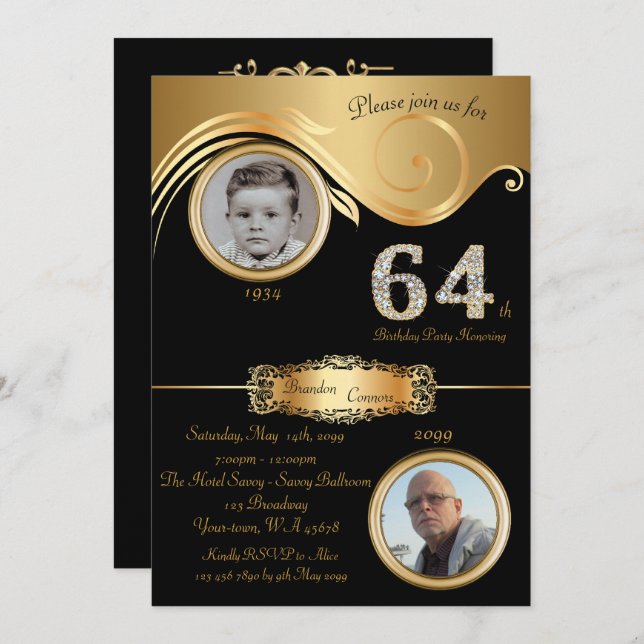 64th,Birthday Man 64th,elegant art deco,black gold Invitation (Front/Back)