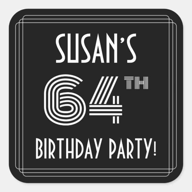64th Birthday Party: Art Deco Style & Custom Name Square Sticker (Front)