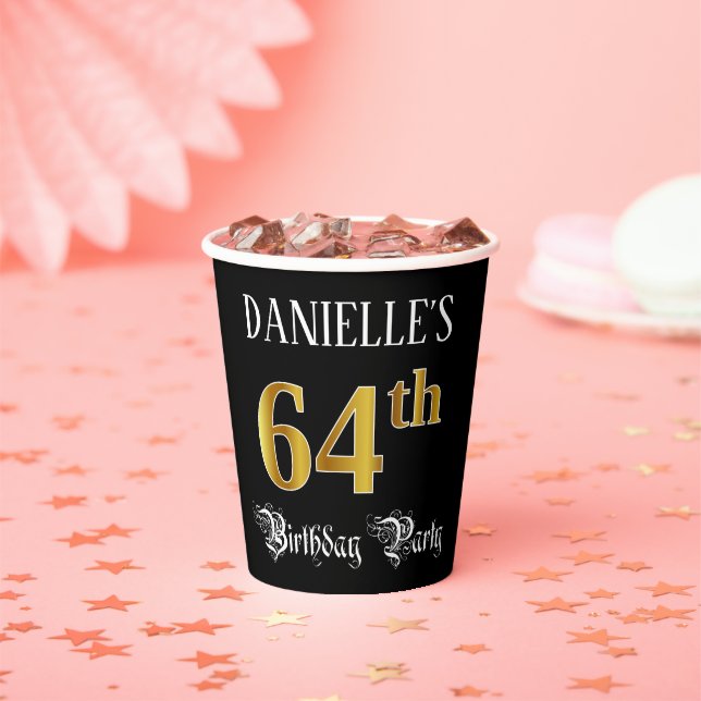 64th Birthday Party — Fancy Script, Faux Gold Look Paper Cups (Insitu)