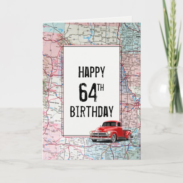 64th Birthday Red Retro Truck on Map Card (Front)
