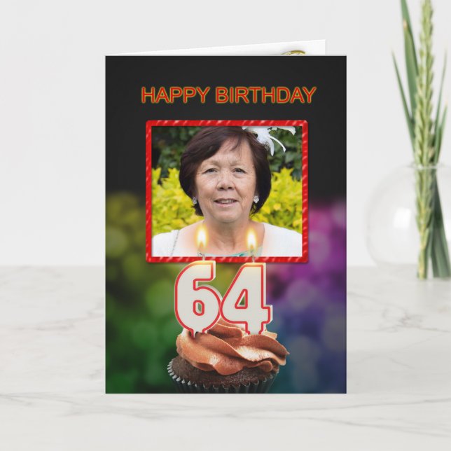 64th Birthday with cake and candles Card (Front)