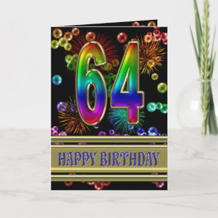 64th Birthday with rainbow bubbles and fireworks Card
