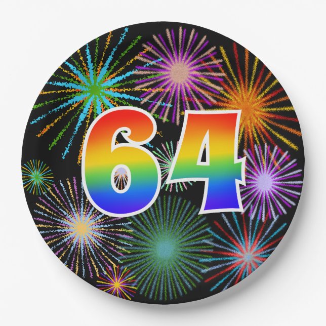 64th Event - Fun, Colourful, Bold, Rainbow 64 Paper Plate (Front)