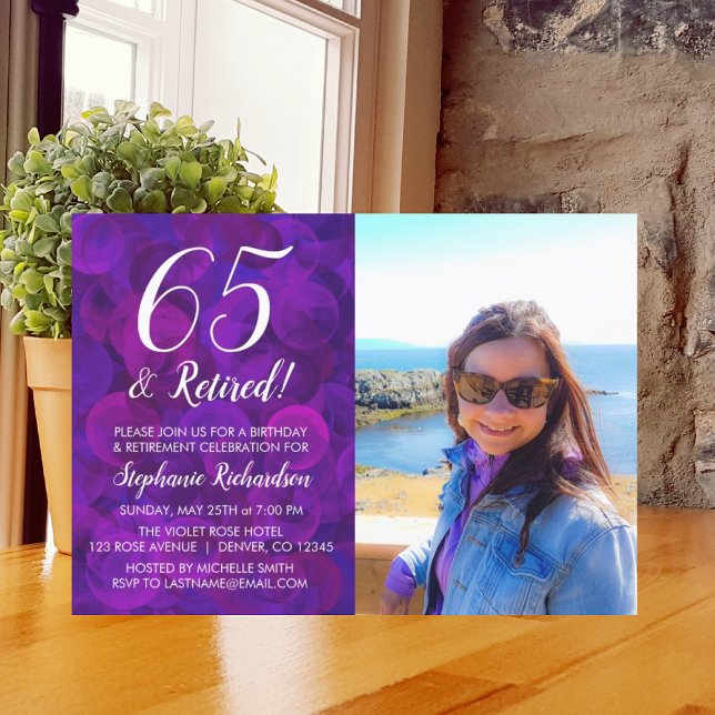 65 and Retired Elegant Purple Birthday Retirement Invitation (Creator Uploaded)